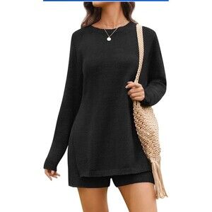 Nenona Womens 2 piece Long Sleeve Tunic Sweater and Shorts Black Medium Chic!